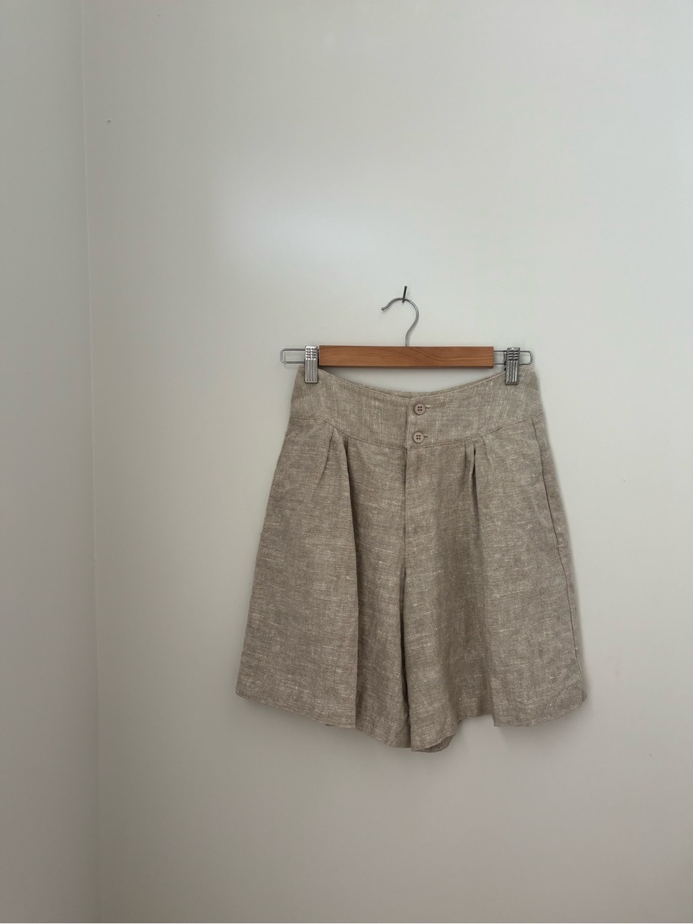 90s vintage heavyweight oatmeal linen pleated preppy long shorts